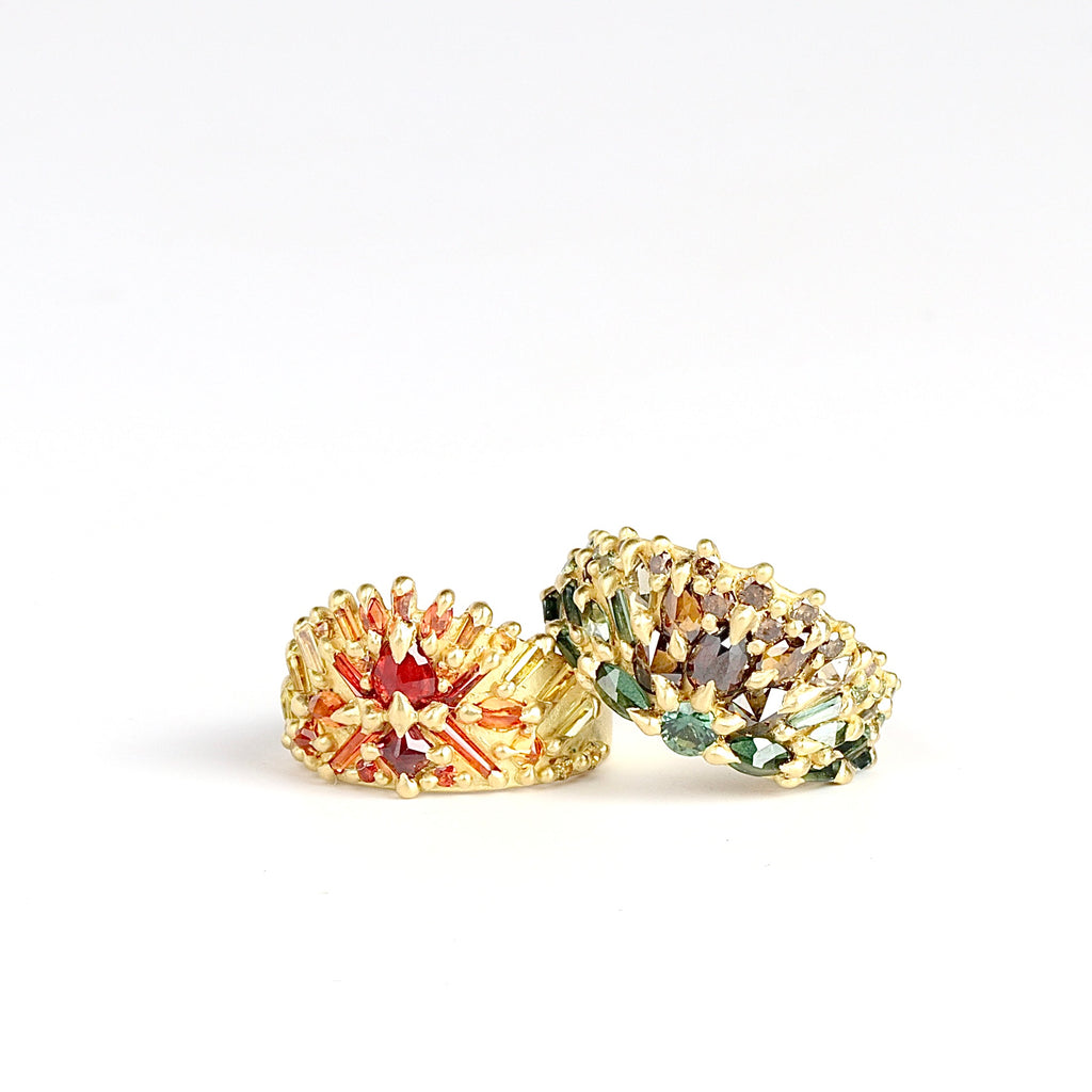 Carly-fornia Sunset and Mossy Bog Uber Encrusted Neli Half Shield rings by Polly Wales in OK one of a kind color ways.