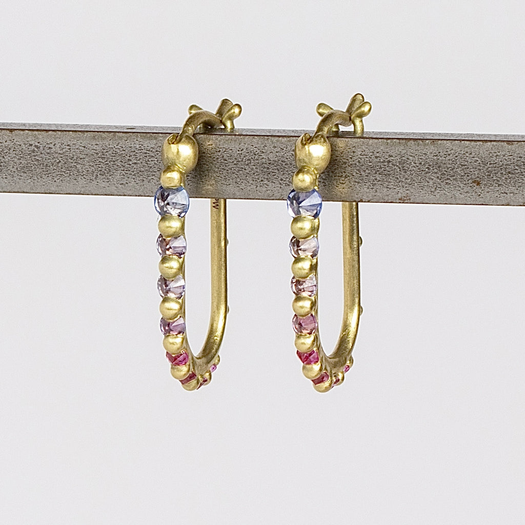 Ularis Hoops Hoop Earrings in one of a kind OK Exclusive color way of purple to pink by Polly Wales in 18k gold and sapphires.