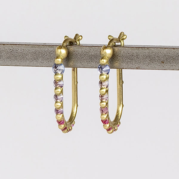 Ularis Hoops Hoop Earrings in one of a kind OK Exclusive color way of purple to pink by Polly Wales in 18k gold and sapphires.