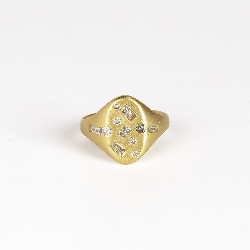 Harlequin Mixed Cut Diamond Confetti Signet by Polly Wales in  matte 18k gold and mixed cut white diamonds size 6.5.