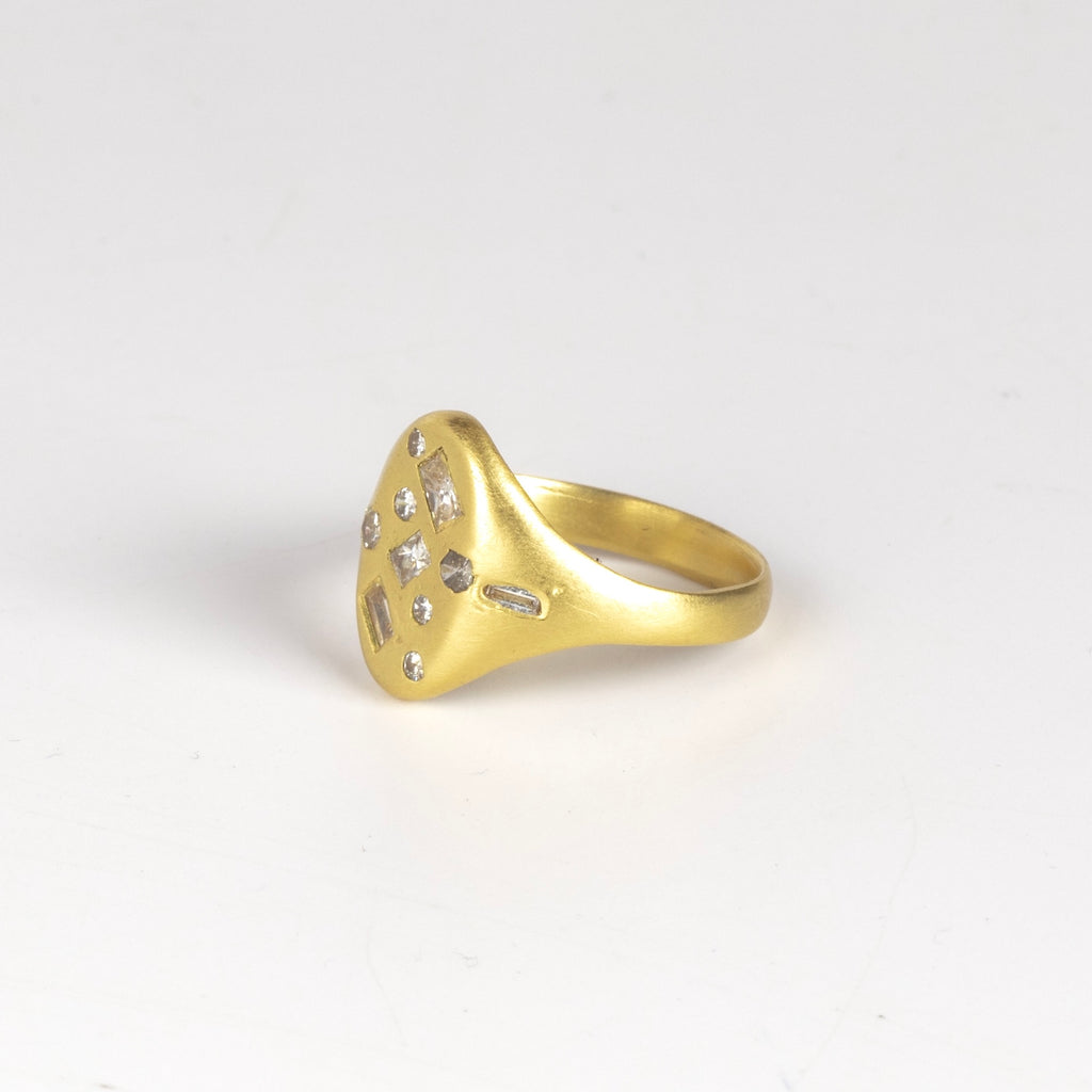 Alternate view of Harlequin Diamond Confetti Signet by Polly Wales in  matte 18k gold and mixed cut white diamonds size 6.5.