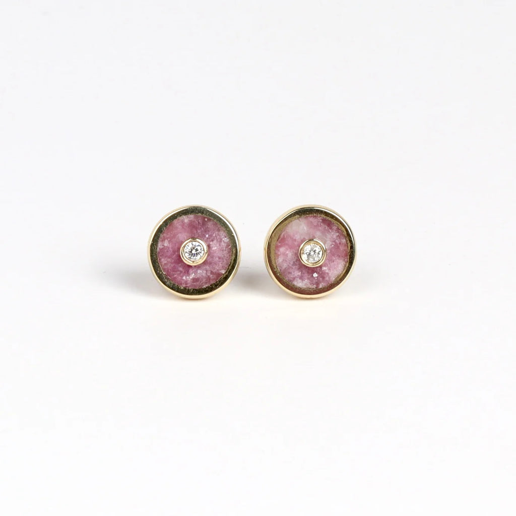 Retrouvai Stud Earrings stone inlay accent diamond 14k yellow gold bezel studs in Lepidolite.