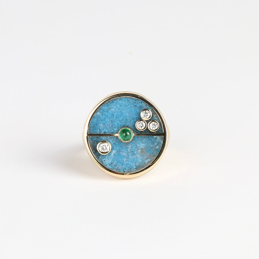 Turned Compass Signet Ring in Trolleite and Emerald from Retrouvai. 