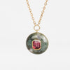 Moss Agate with Red Tourmaline Lollipop Necklace by Retrouvai is a modern and one of a kind necklace with stone inlay. Hand cut Moss Agate with emerald cut Red Tourmaline 4.43ct in line on 14k yellow gold chain. Handcrafted in Los Angeles.