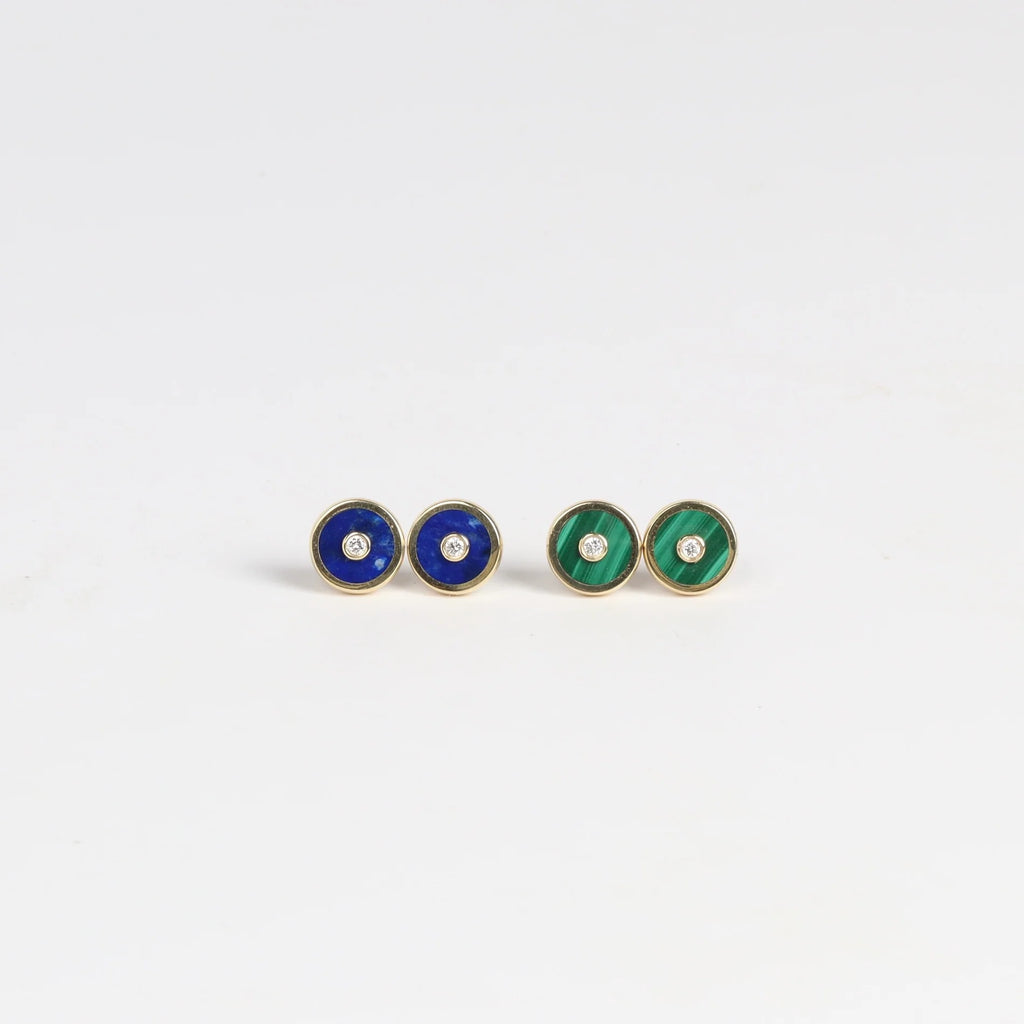 Two pairs of Retrouvai Stud (studs) Earrings with stone inlay and accent diamond in 14k yellow gold in Malachite and Lalpis Lazuli.