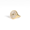 Retrouvai Champagne Agate Compass Signet ring with Diamonds and green tourmaline in 14k yellow gold inlay.