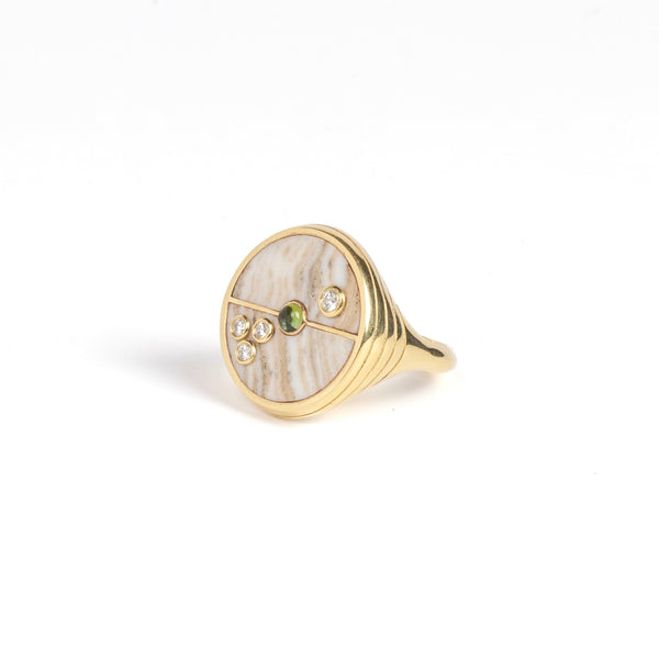Retrouvai Champagne Agate Compass Signet ring with Diamonds and green tourmaline in 14k yellow gold inlay.