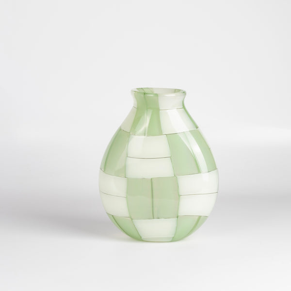 Robin Mix Small Green Basketweave Pezzati Vase made and mouth blown in Tunbridge, Vermont.
