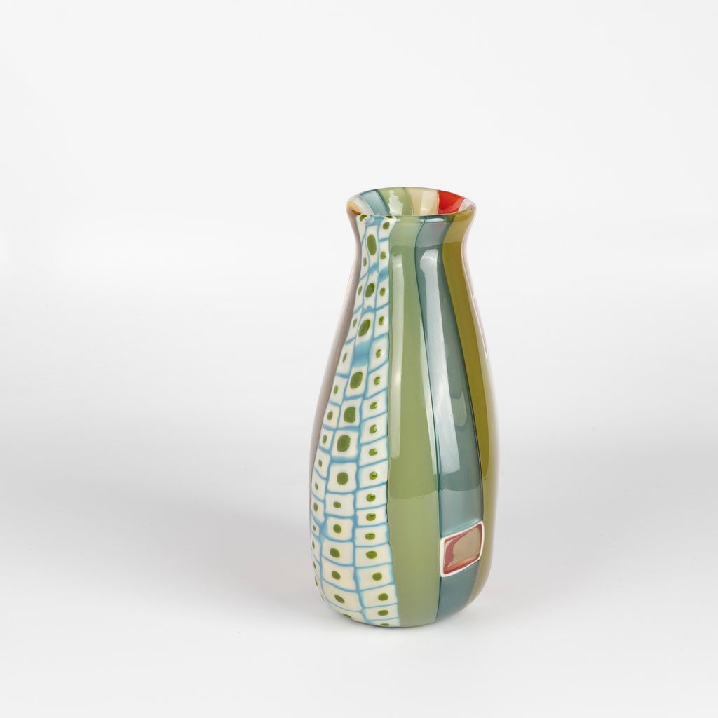 Side view of flat cane vase with murrini and windows.