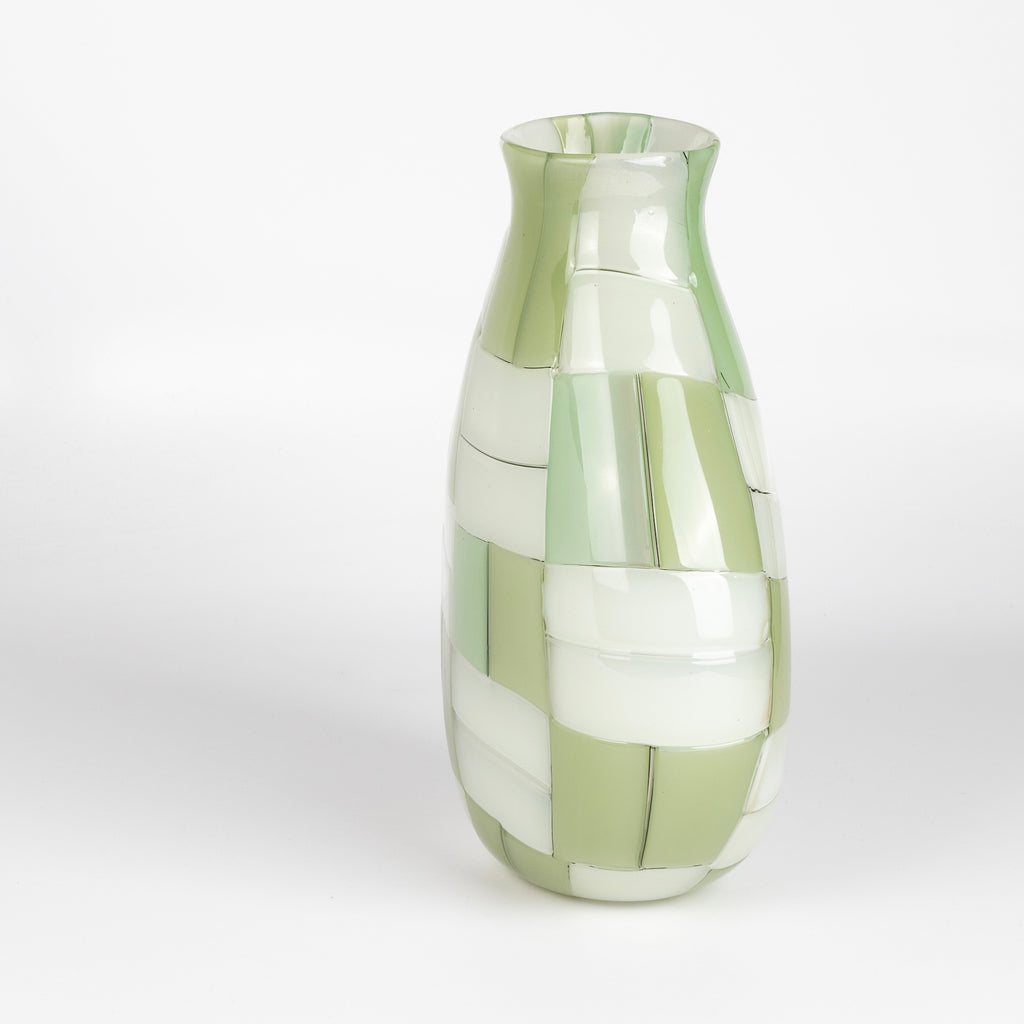 Side view of 9" green basketweave vase by Robin Mix.