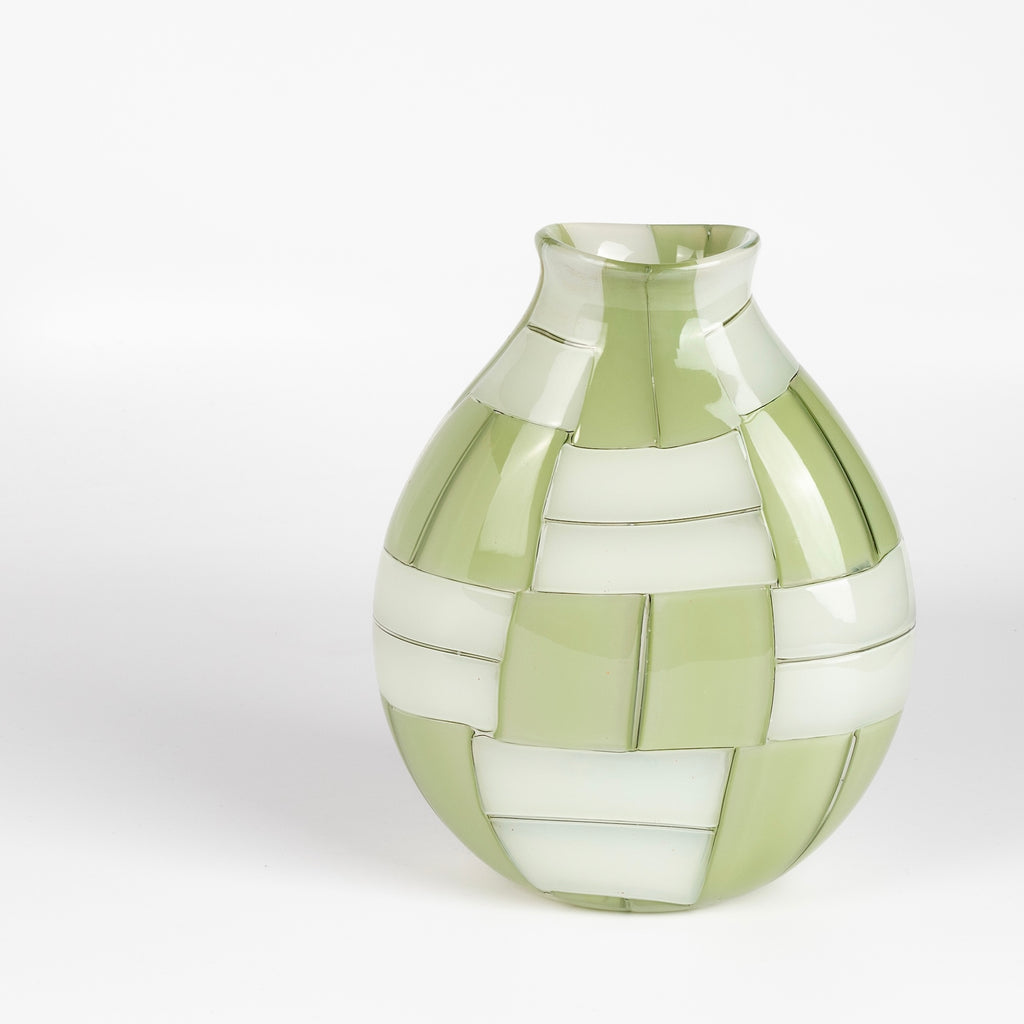 Robin Mix Small Green Basketweave 7" Vase made and mouth blown in Tunbridge, Vermont.