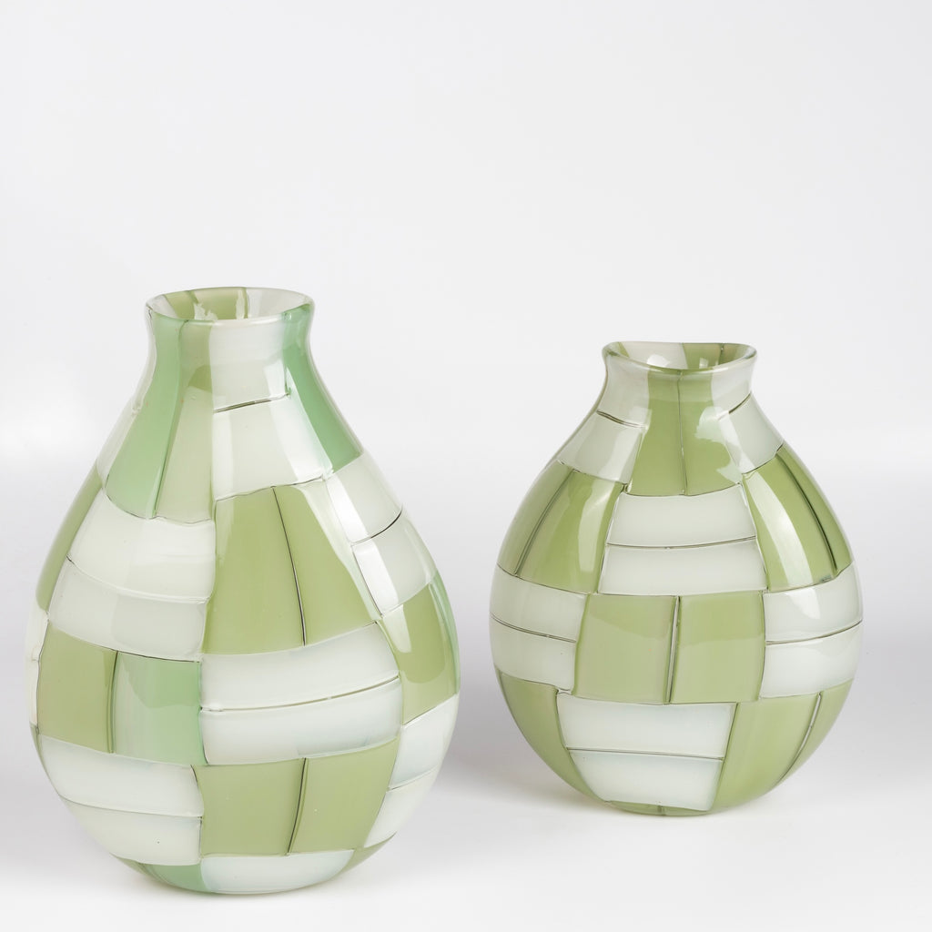 Two  green and white basketweave vases by Robin Mix in 7" and 9"  made and mouth blown in Tunbridge, Vermont.