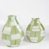 Two  green and white basketweave vases by Robin Mix in 7" and 9"  made and mouth blown in Tunbridge, Vermont.