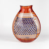 Robin Mix Vintage Vase 11" in deep red with clear glass and blue is a flat cane vase with pezzati and murrini vase by Robin Mix. His sensibilities come from his training in Scandinavia, but is produced using the most sophisticated and iconic of traditional modernist Italian techniques.