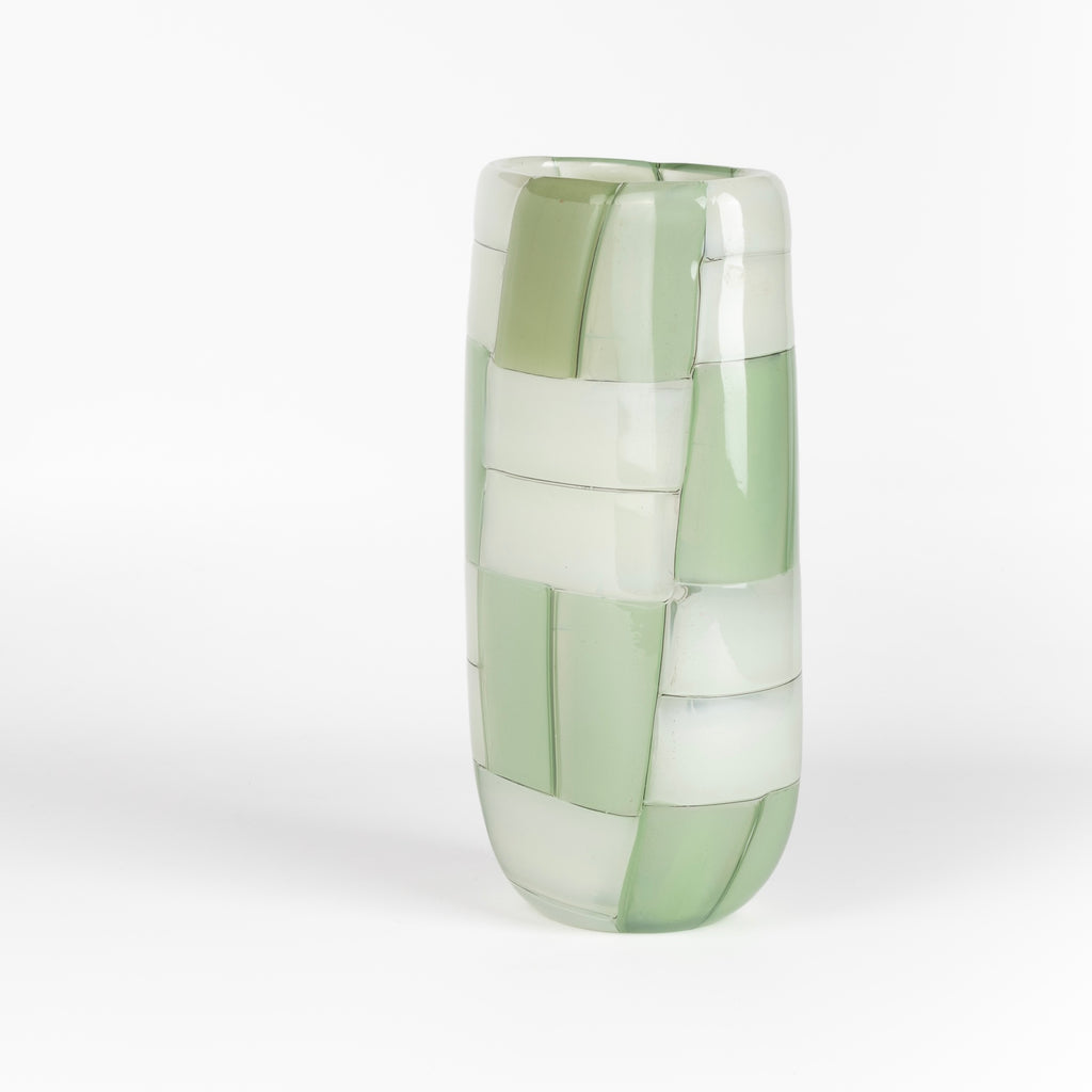 Side view of Robin Mix Basketweave Oval Vase in green and white.