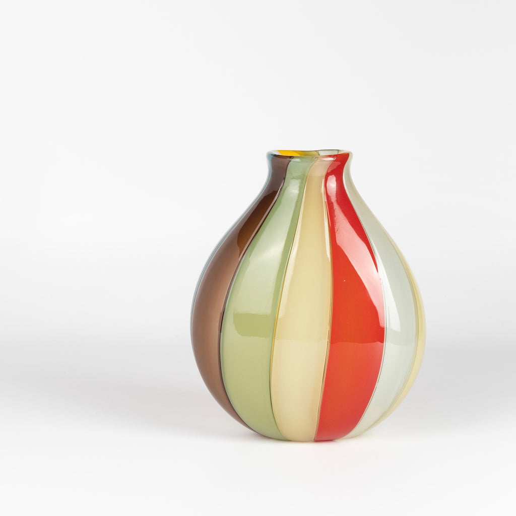Robin Mix Small striped and multi color (red, green, yellow, onion, blue, white)Flat Cane Hundertwasser Vase mouth blown in Tunbridge Vermont.