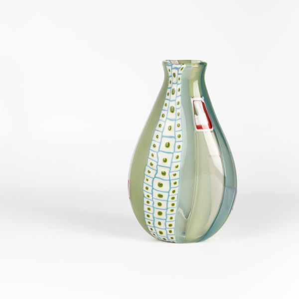 Other side of elongated Murrini and cane with windows glass vase by Robin Mix in blues and aqua.