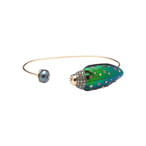 Alternate view of Scarab Pearl bangle by Bibi Van Der Velden is a bracelet bangle in 18k rose gold and sterling with  brown diamonds, a  scarab wing in amethyst  with pink sapphire, tsavorite and a Tahitian pearl.