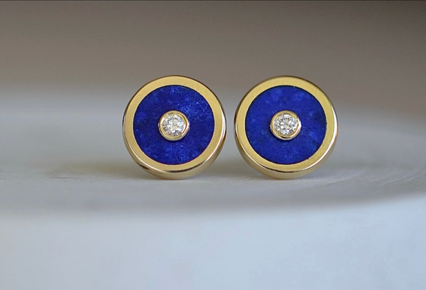 Retrouvai Stud Earrings stone inlay accent diamond 14k yellow gold bezel studs in lapis lazuli.