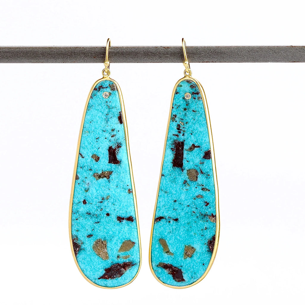 Rare Kingsman XL Turquoise Slice Earrings with Diamond Accent and bezel set in 18k yellow gold with gold wire and designed by Tej Kothari.
