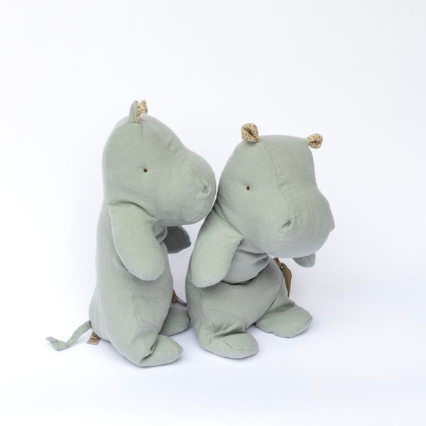 Two grey gray blue plush hippos in linen by Maileg.