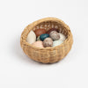 Birds eggs in a basket toy. A dozen of wooden eggs in muted colors with lovely details in a rattan basket. A great carry along toy. Made in Germany.