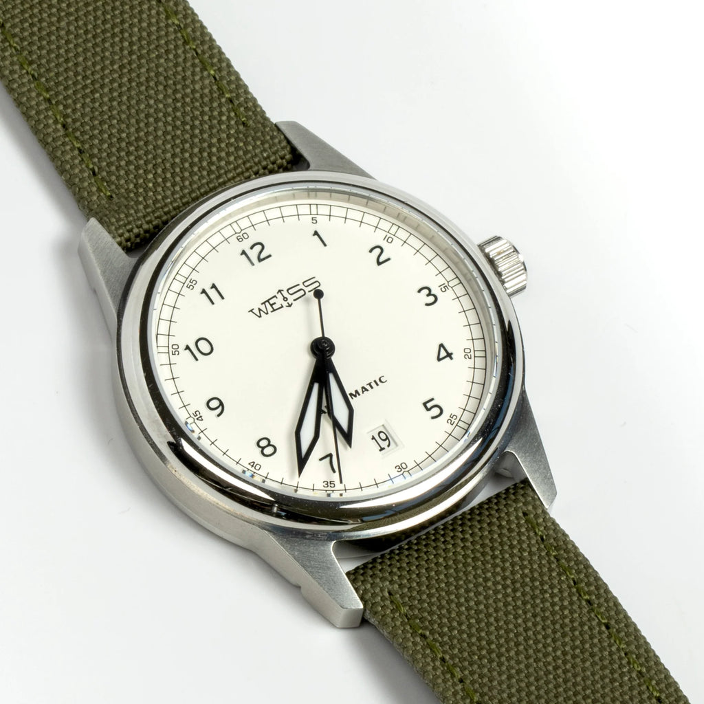 Weiss Watch - 38MM Automatic Issue Field Watch White Dial and Date on white background and available at OK in Los Angeles.