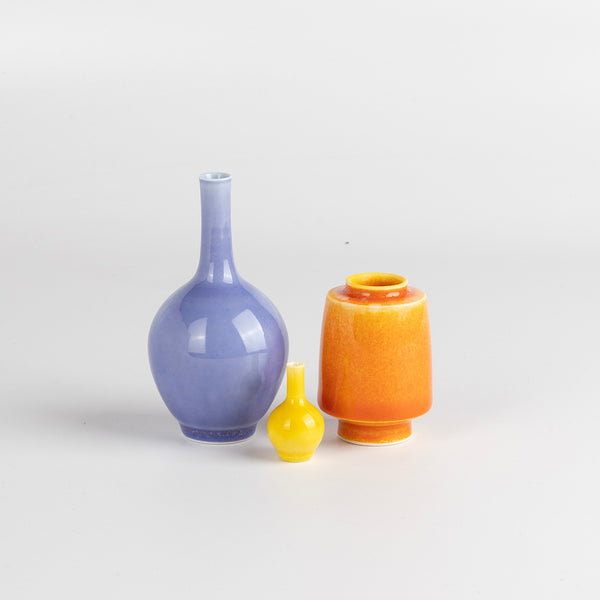 Miniature Hand Thrown Ceramic Vase Trio in Bright Purple, Yellow and Orange are three tiny and hand thrown ceramic vases hand thrown by Japanese born, UK based potter Yuta Segawa