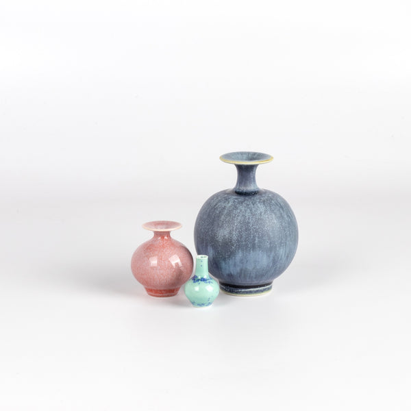 Miniature Hand Thrown Ceramic Vase Trio by Yuta Segawa in Denim, Aqua and plum. 