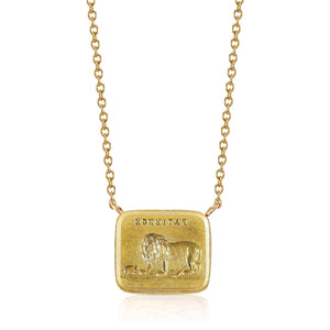 Lion and the Mouse Duo Motto Necklace by Makita Wakita in 18k yellow gold on white background. 