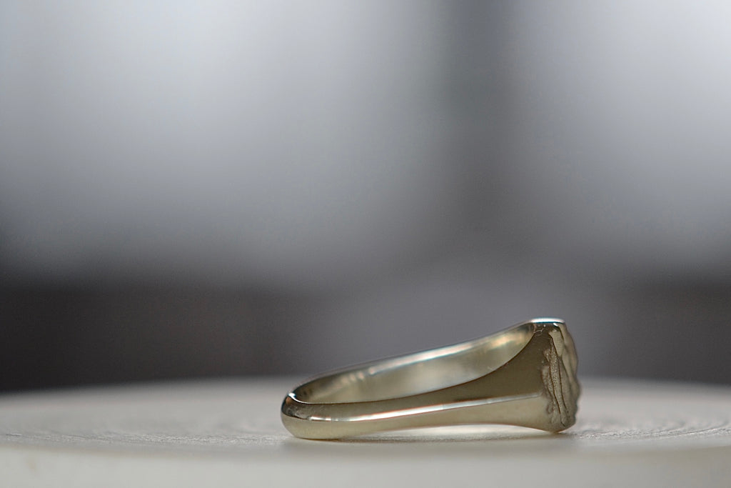 Profile of Tidal Teardrop Signet in white gold by Fraser Hamilton.