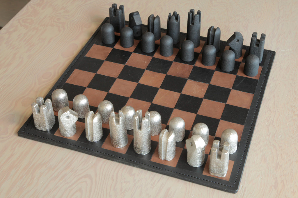 Carl Aubock Modernist Chess Board and pieces sold as a set at OK store in Los Angeles.