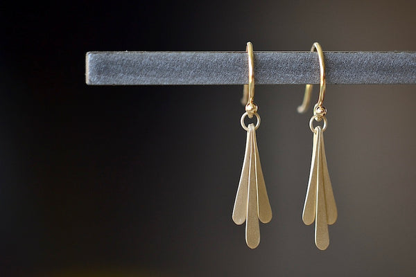 Carla Caruso Triple Fringe Drop earrings in 14k yellow satin matte gold. Everyday Elegance.