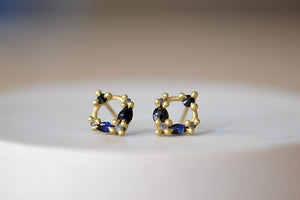 Polly Wales Des Goutes de Rosee Stud Earrings studs in Midnight Fade 18k Yellow Recycled Gold Blue and black sapphires and white diamonds. 