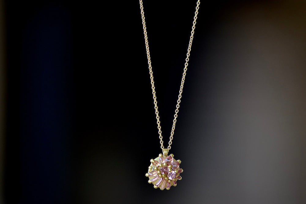 Polly Wales Lotus Pendant Necklace Pink Sapphires 18k yellow recycled gold chain.