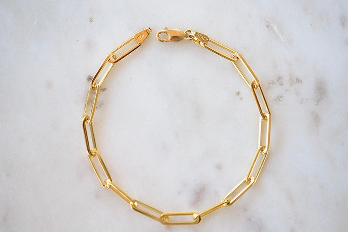OK Chain Bar 14k gold 7" paperclip chain bracelet in Large with 12mm long clips