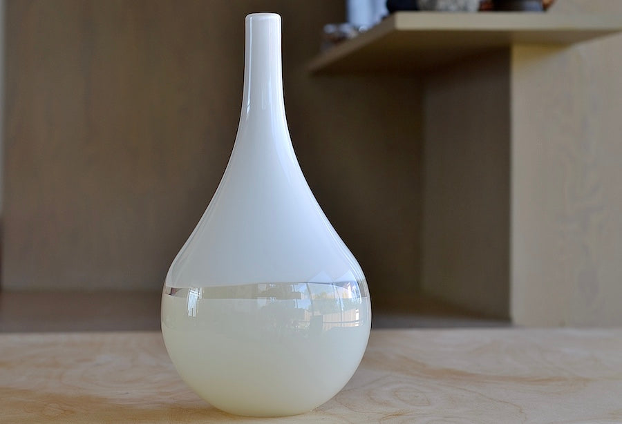 Lattimo White & Ivory Teardrop Vase Small designed by Caleb Siemon & Salazar, who trained with Pino Signoretto. Italian Milk glass.