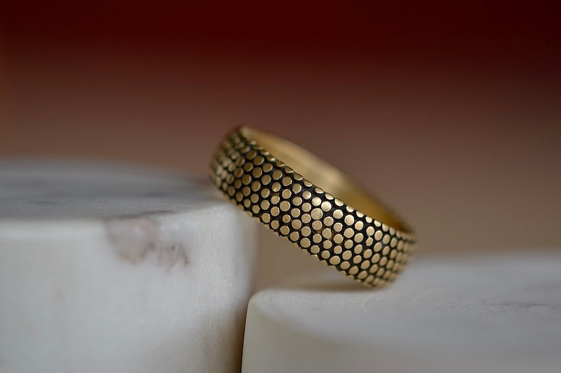 Marian Maurer Dot Dotted Wedding Band various widths 18k yellow gold dots on black background 6.25mm band and satin finish.