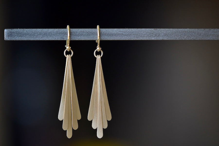 Carla Caruso Five Fringe Drop earrings in 14k yellow satin matte gold. Everyday Elegance.