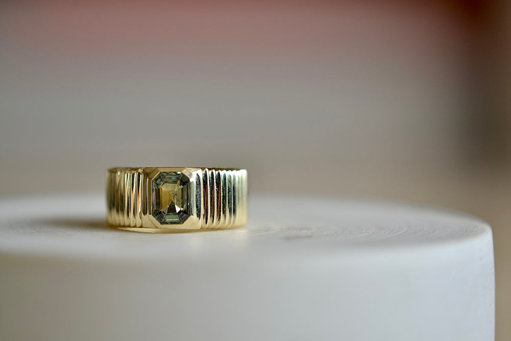 Retrouvai Pleated Green Tourmaline Solitaire with tapered band in 14k yellow gold, Emerald cut green tourmaline signet or wedding band, One of a kind - size 6.5 (minor sizing adjustments possible).