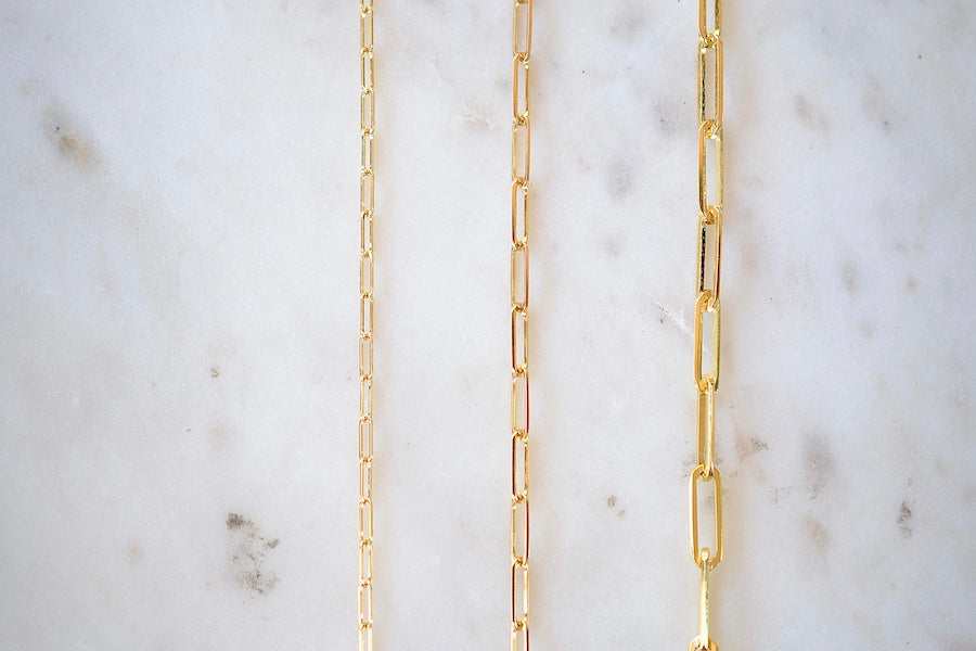 OK Chain Bar 14k gold 7" paperclip chain bracelets with 5mm, 8mm or 12mm long clips.