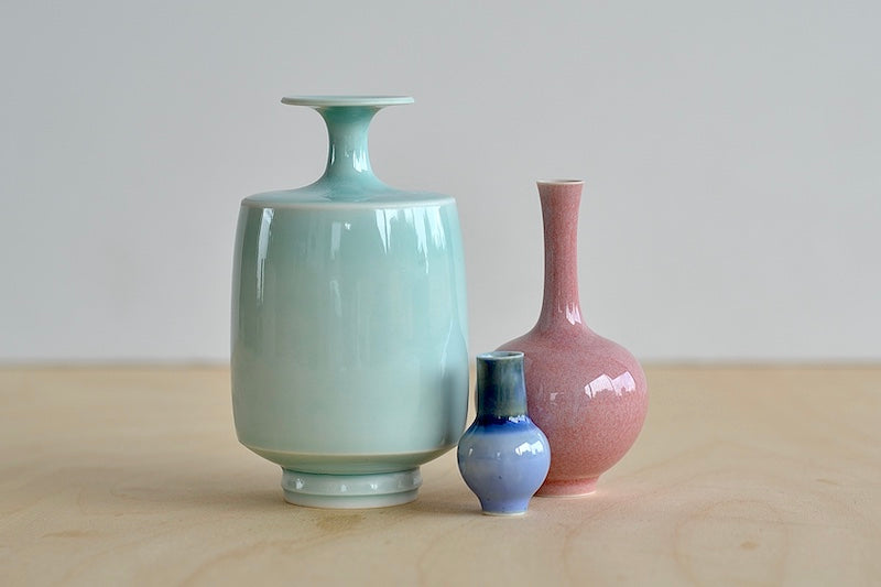 Miniature Hand Thrown Ceramic Vase Trio in Light Blue, Pink and Blue