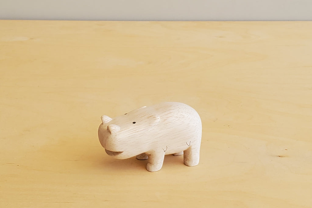 T-lab wooden animals are handmade in Bali from albizia wood, a lightweight fast-growing wood from the South Pacific. A natural wood hippo.