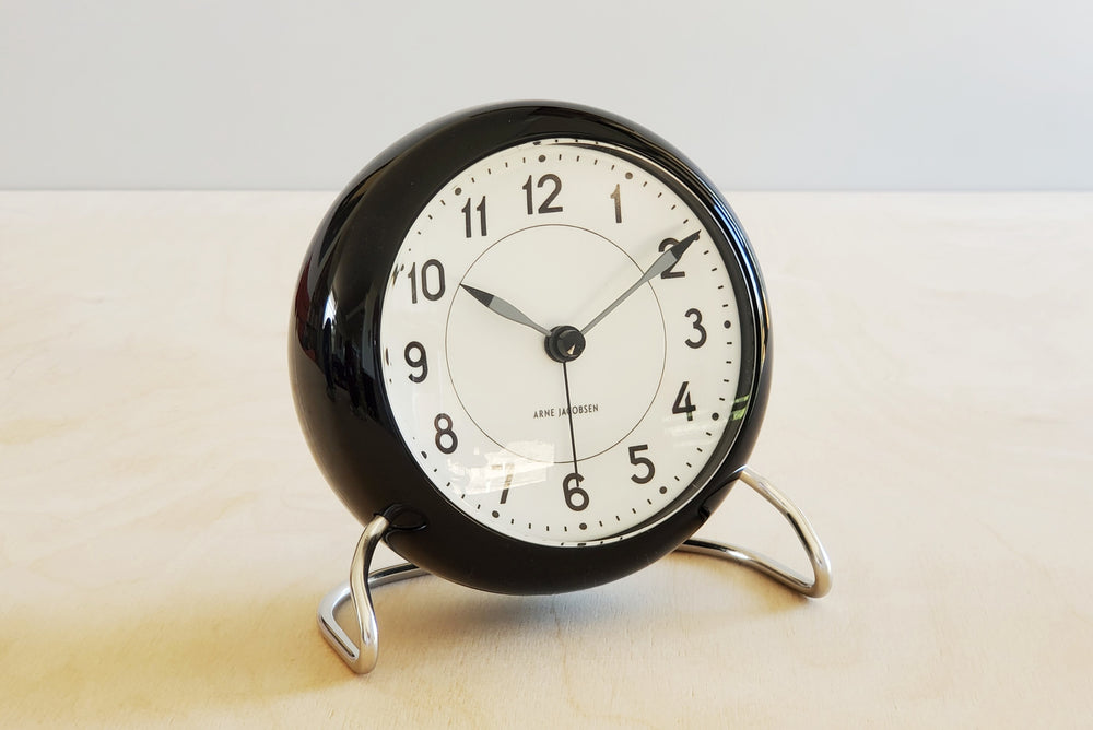 Classic Arne Jacobsen "AJ" Alarm Clock in black AA batteries not included. 