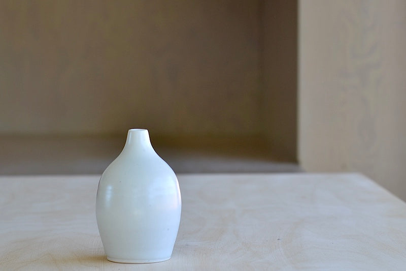 Hyejeong Kim Short Blue Vase is a  made in Seoul, Korea is Hand thrown porcelain in matte white to gray glaze. Signed and one of a kind. Loewe Craft Prize Finalist.
