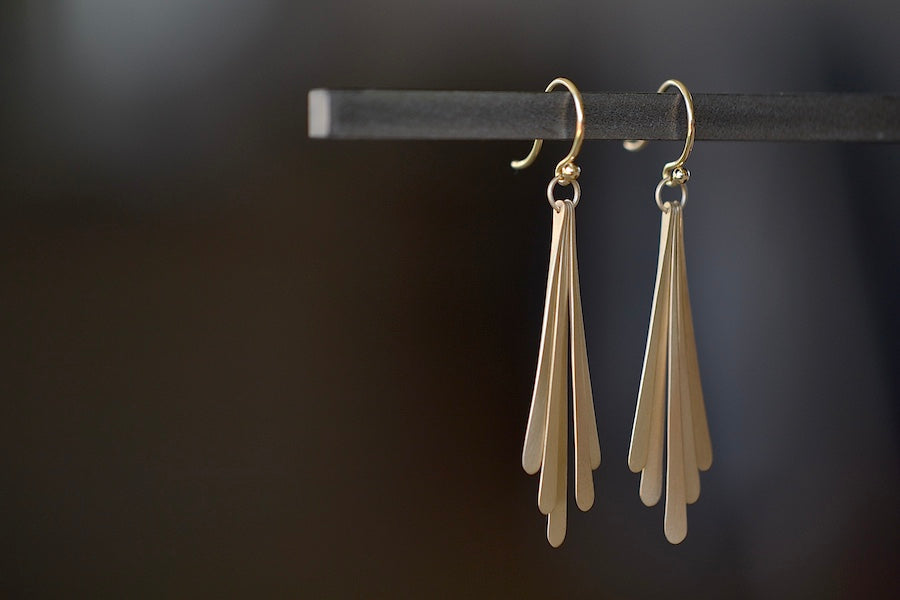 Carla Caruso Five Fringe Drop earrings in 14k yellow satin matte gold. Everyday Elegance.