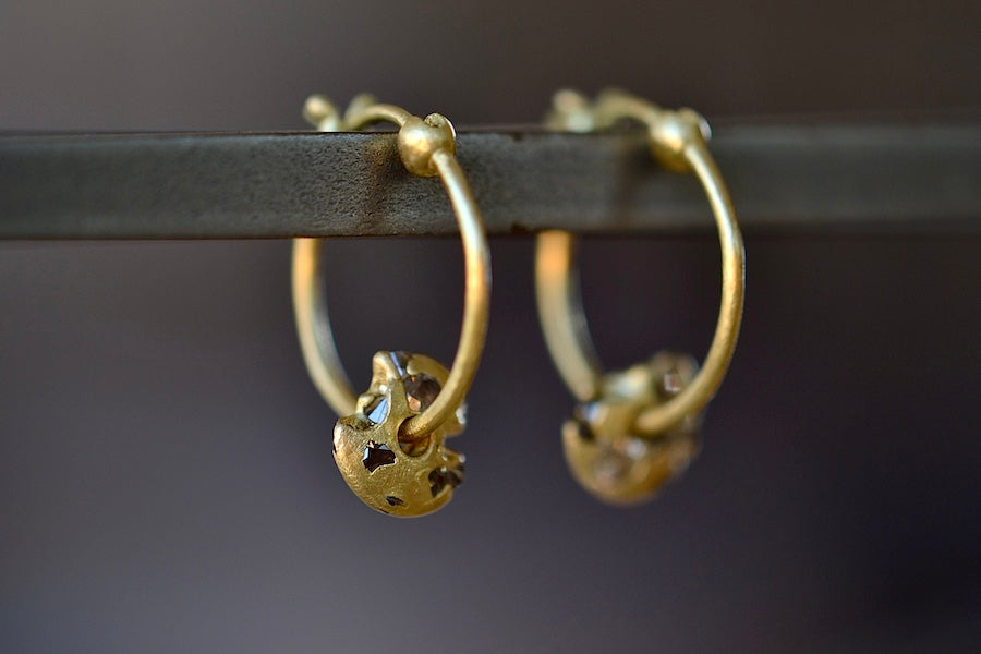 Polly Wales Diamond Spinner Small Hinge closure Hoop Earrings  are A hinge lock hoop in 18k gold with an attached disc, speckled with mixed diamonds around the circumference for a beautiful confetti-like appearance. Recycled gold.