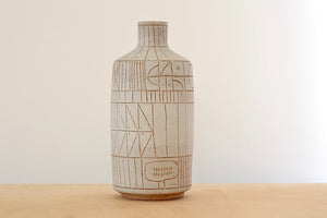 Hand thrown white clay vase 5950 with brown clay sgraffito "Scribe series" by Heather Rosenman.