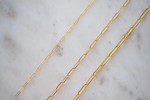 OK Chain Bar 14k gold 7" paperclip chain bracelets with 5mm, 8mm or 12mm long clips.