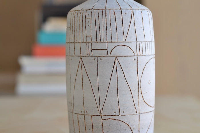 Hand thrown white clay vase 5950 with brown clay sgraffito "Scribe series" by Heather Rosenman.